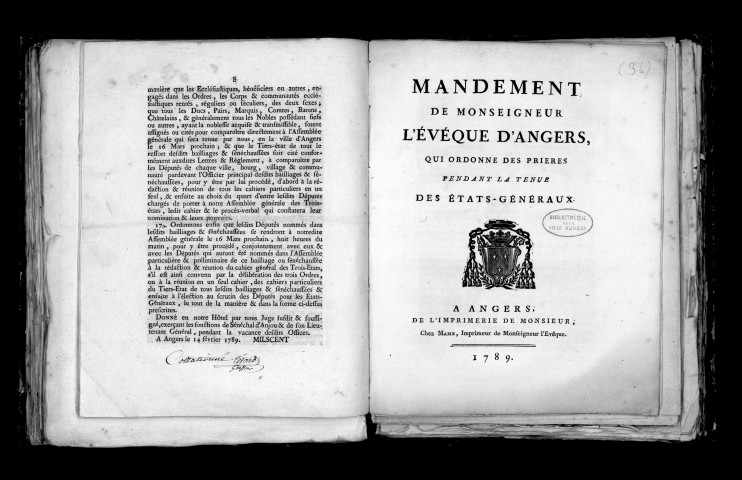Mandement de Mgr l'évêque d'Angers qui ordonne des prières pendant la tenue des Etats généraux