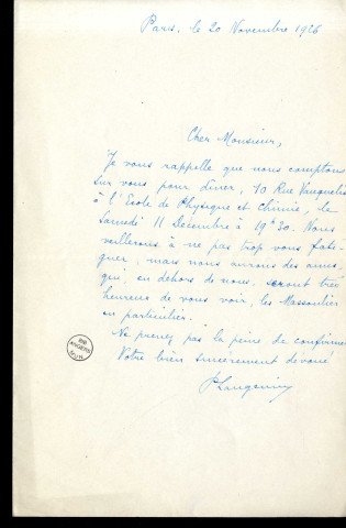 Lettre de Paul Langevin à Jean Huré