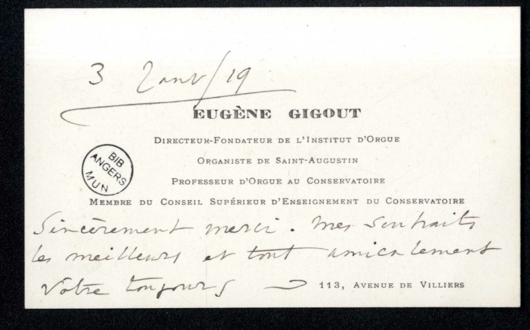 Lettres d'Eugène Gigout à Jean Huré