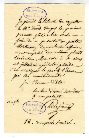 Correspondance du Dr Ménière [à Pierre-Jean David d'Angers]