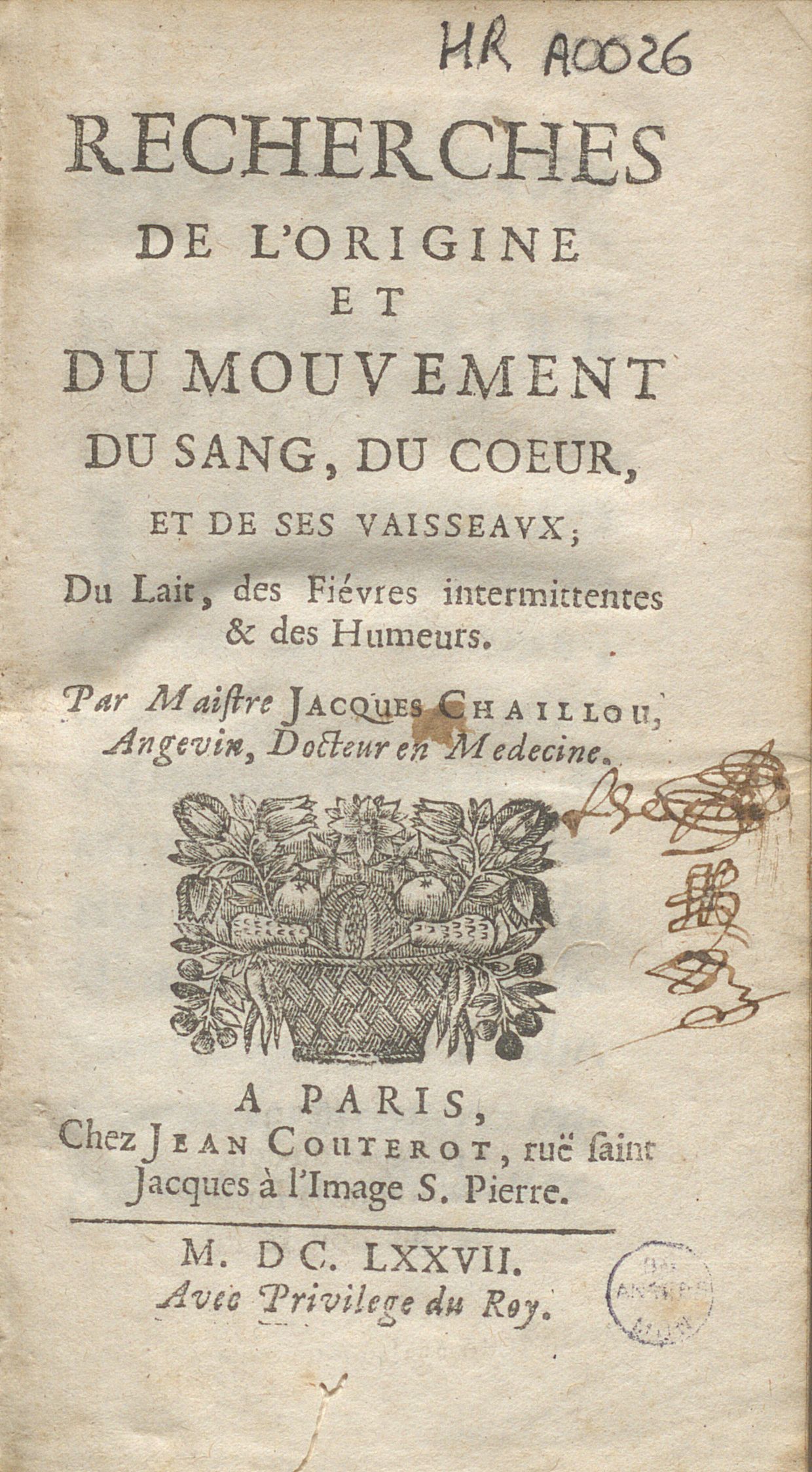 Page de titre des Recherches de l'origine et du mouvement du sang...